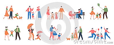 Family walking. Relatives people outdoor, mom, dad and kids at walk, have fun together, active lifestyle of cute family Vector Illustration