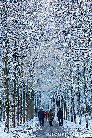 Family walking in snow covered forest Editorial Stock Photo