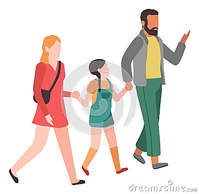 Family walking together. Parents holding daughter hands Vector Illustration