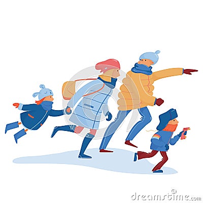 Family in warm clothes hurrying, rushing, running Vector Illustration