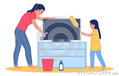 Family washing house together. Daughter help mom with dust cleaning Vector Illustration