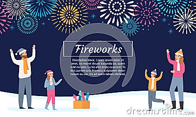 Family watching firework explosions. Couple with kids launching fireworks, celebrating holidays and new year flyer Vector Illustration