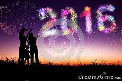 Family watching fireworks and happy new year 2016 Stock Photo