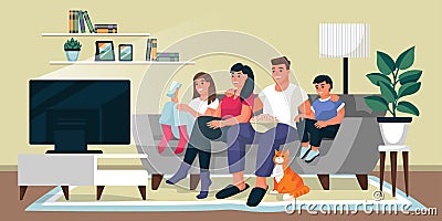 Family watching TV in living room. Vector flat cartoon illustration. Home movie time, indoor weekend leisure concept Vector Illustration