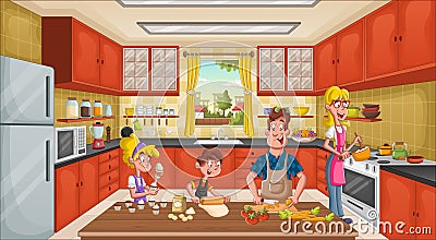 Family wearing apron and cooking. Chef in the kitchen. Vector Illustration