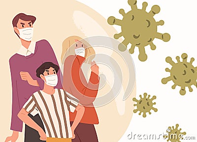 Family wearing face masks. Man, woman and child fight with respiratory disease outbreak. Virus preventive measures Vector Illustration