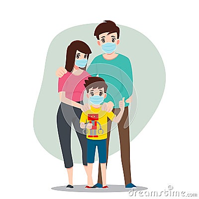 Family is wearing masks to protecting their children and them from Corona virus, COVID-19 and stop the viruses spread. People are Vector Illustration