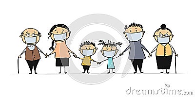 Family wearing protective Medical mask for prevent virus. Dad Mom Daughter Son Grandparents wearing a surgical mask. Vector Illustration