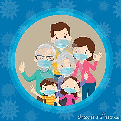 Big family wearing a surgical mask to prevent virus Vector Illustration