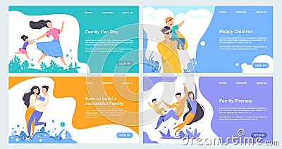 Family website. Flat insurance planning web page template, happy cartoon characters with children on landing page Vector Illustration