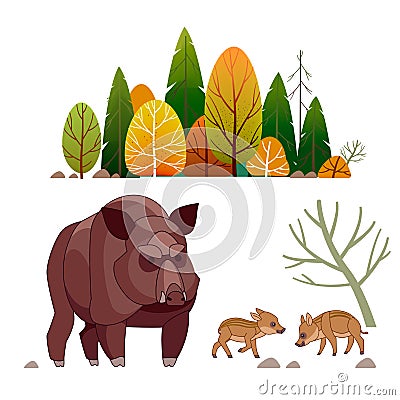 Family of wild boar, sus scrofa, with adult hairy mother and little piglets grazing in spring nature. cute piglets Vector Illustration