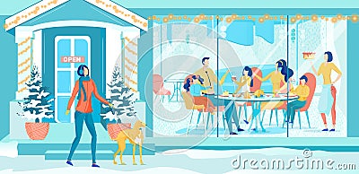 Family Winter Get Together in Local Restaurant Vector Illustration