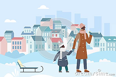 Family winter walk activity, cartoon father with kid walking Vector Illustration