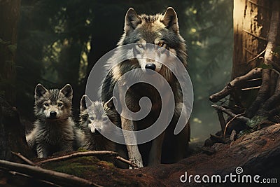 Family of wolf in the forest, Mammals, Wildlife Animals. Illustration, Generative AI Stock Photo