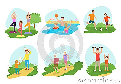 Family workout exercise vector active people mom or dad character and kids exercising together in park illustration set Vector Illustration