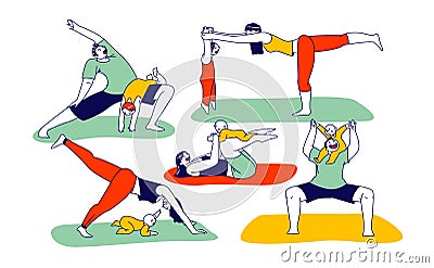 Family Yoga with Baby. Young Athlete Man and Woman Characters Exercising Fitness or Aerobics with Little Child in Gym Vector Illustration