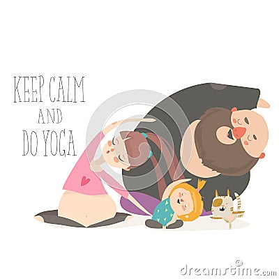 Family yoga. Cartoon characters doing asanas on white background Vector Illustration