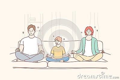 Family, yoga, meditation, motherhod, childhood, fatherhood concept Vector Illustration