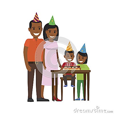 Family Yogrther at Table with Happy Birthday Cake Vector Illustration