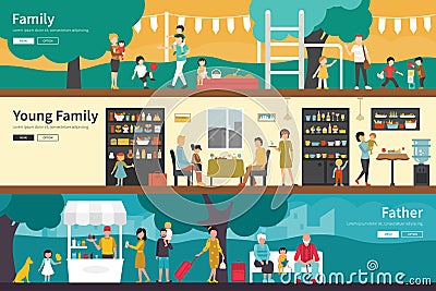 Family Young Father flat interior outdoor concept web Vector Illustration