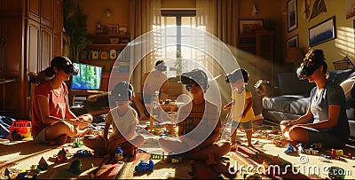 Familytime in a messy livingroom with AR headsets. Parents and children playing inside while sitting still. Stock Photo
