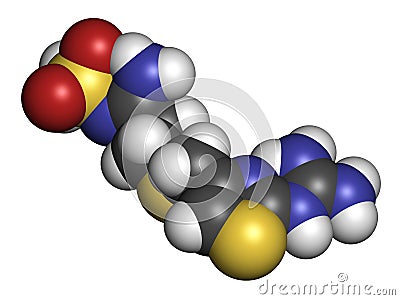 Famotidine drug molecule. 3D rendering. Atoms are represented as spheres with conventional color coding: hydrogen white, carbon. Stock Photo