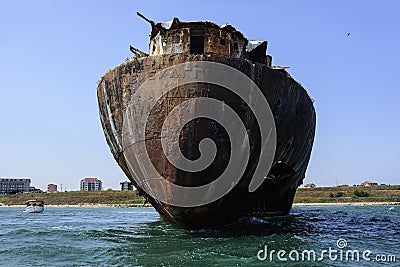 Abandoned wreck on the Black sea, near resort Costinesti, Romania Editorial Stock Photo