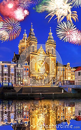 Amsterdam with firework celebration of the New Year in Holland Stock Photo