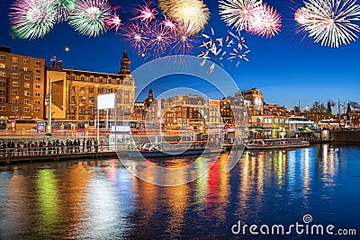 Amsterdam with firework celebration of the New Year in Holland Stock Photo