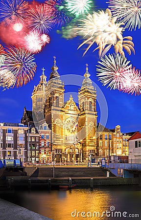 Amsterdam with firework celebration of the New Year in Holland Stock Photo