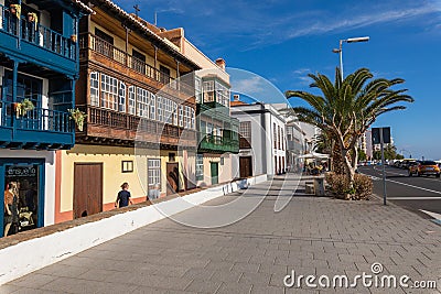 Famous ancient colorful balconies decorated with flowers in La Palma, Canary Islands, Spain Editorial Stock Photo