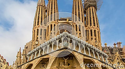 Famous Antonio Gaudi Sagrada Familia Cathedral, Tower close up Editorial Stock Photo