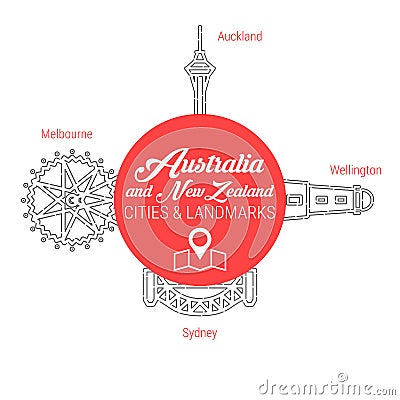 Famous Australian and New Zealand Landmarks. Line Vector Icon Set Stock Photo
