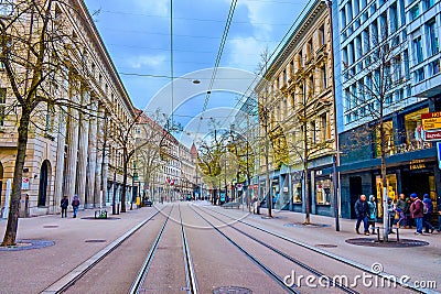 Famous Bahnhofstrasse, the main shopping street with luxury boutiques and stores in Zurich, Switzerland Editorial Stock Photo