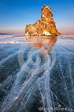 Famous Baikal Lake Ice and Island Ogoy at Sunset, Baikal Lake, R Stock Photo