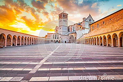 Basilica of St. Francis of Assisi at sunset, Assisi, Umbria, Italy Editorial Stock Photo