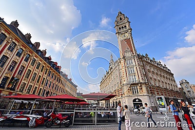 Famous belfry tower of Chamber of Commerce and Industry building in Lille Editorial Stock Photo