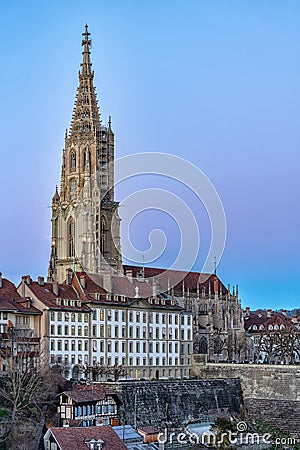 Famous Berne Cathedral on a beautiful autumn evening in the old center of Bern Stock Photo