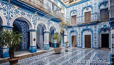 Famous blue arches adorn ancient Arabic style building in African city generated by AI Stock Photo