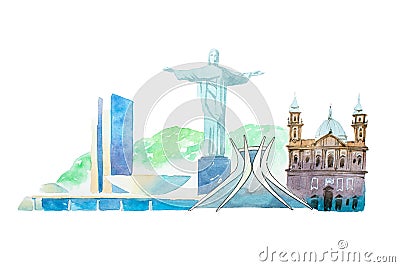 Famous Brazil landmarks travel and tourism waercolor illustration. Cartoon Illustration