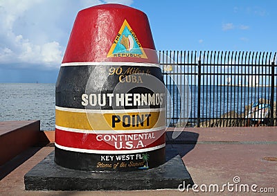 Famous Buoy sign marking the southernmost point in Continental United States in Key West, Florida Editorial Stock Photo