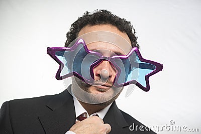 Famous, businessman with glasses stars, crazy and funny achiever Stock Photo