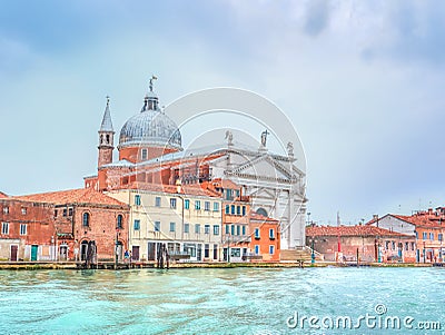 Famous Canal Grande with Basilica Santa Maria della Salute in blue evening light in Venice Stock Photo