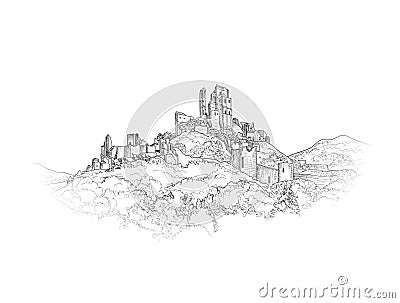 Famous Castle Landscape. Ancient Architectural Ruins Background. Cartoon Illustration