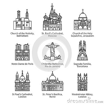 Famous Christian churches and cathedrals icons Vector Illustration
