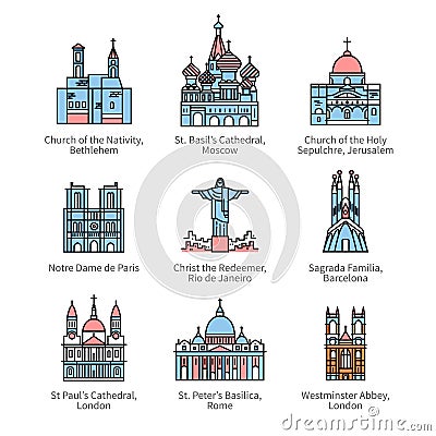 Famous Christian churches and cathedrals icons Vector Illustration