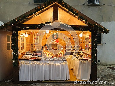 Famous christmas market in the historic center of Mombaroccio Editorial Stock Photo