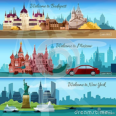 Famous Cities Banners Vector Illustration