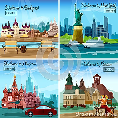 Famous Cities Set Vector Illustration