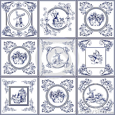 Famous delft blue tiles icons collection Vector Illustration